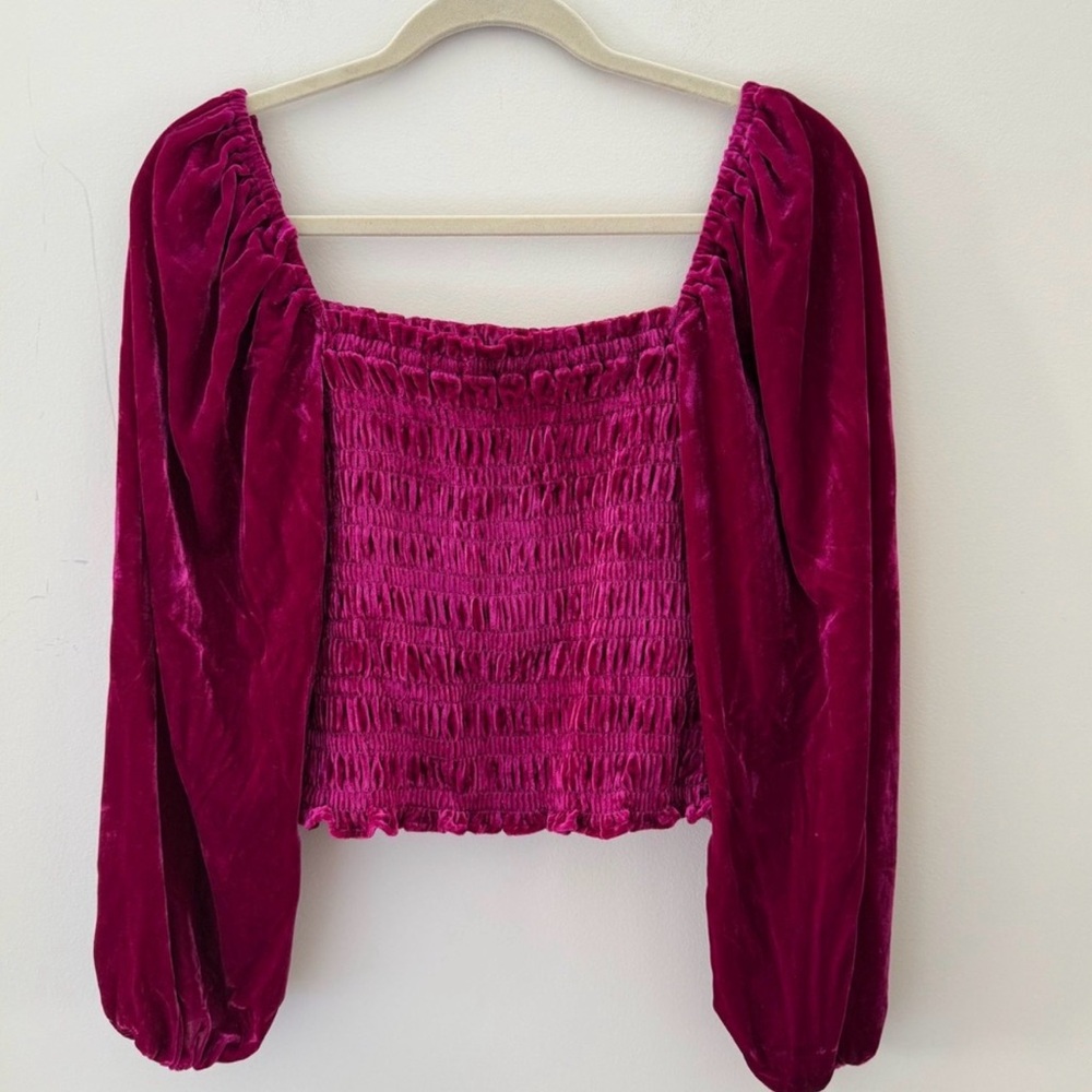 Anthropologie Velvet Smocked Rich Magenta Top